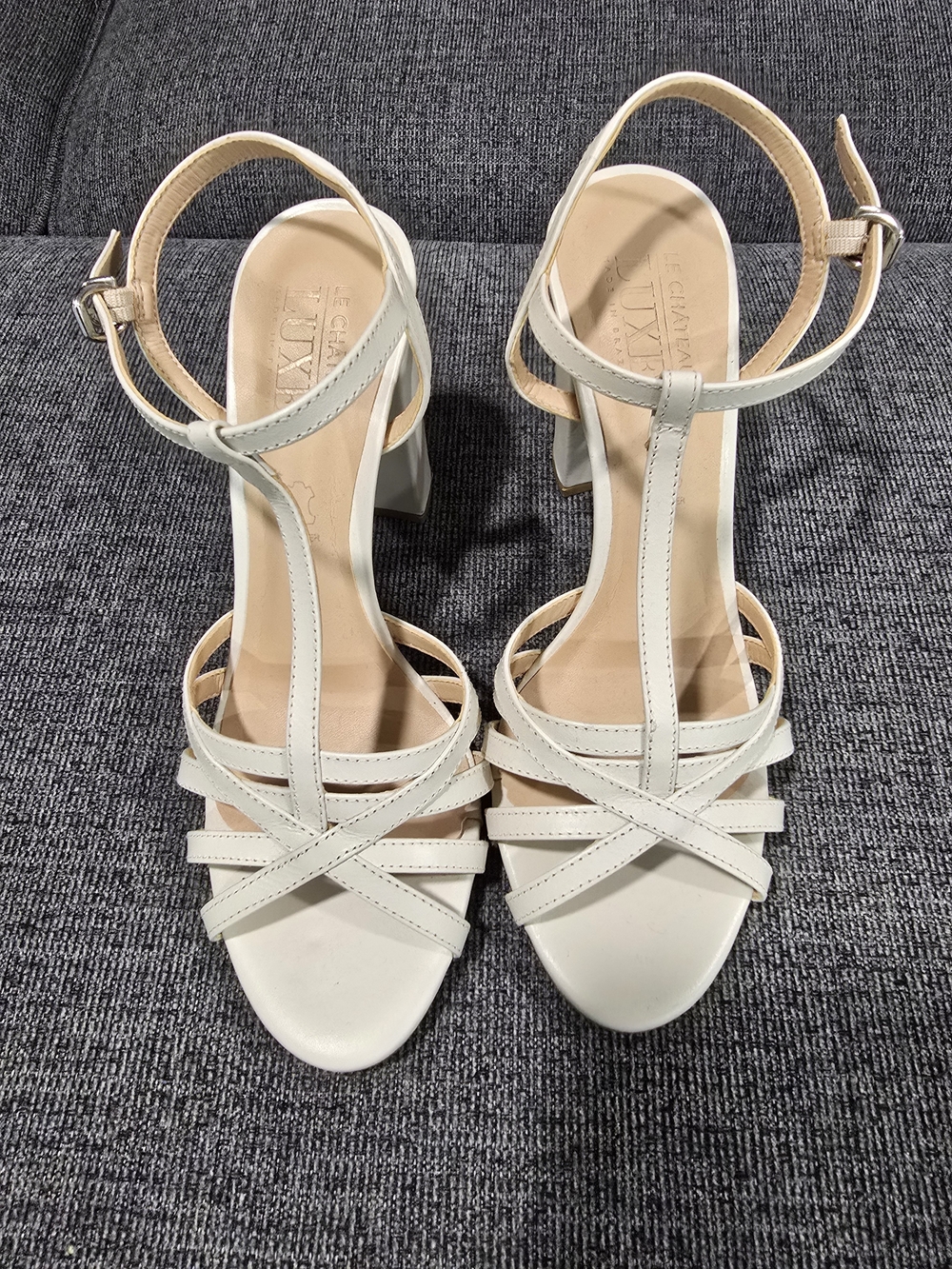 le chateau White T-Strap Crisscross Block Heel Sandals